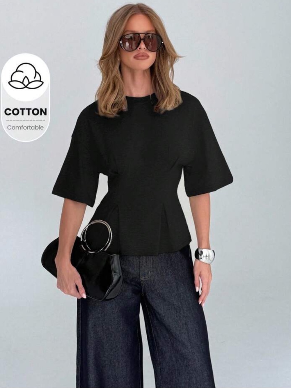 Cotton Elegant Peplum T Shirt With Kimono Sleeves Modern
